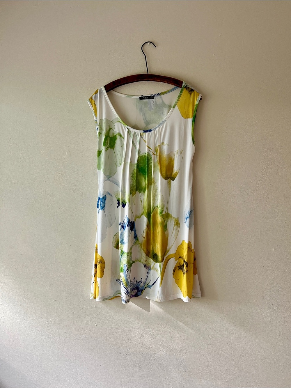 Floral Scoop-Neck Swing Tank Top - White/Yellow/Green Mini Dress